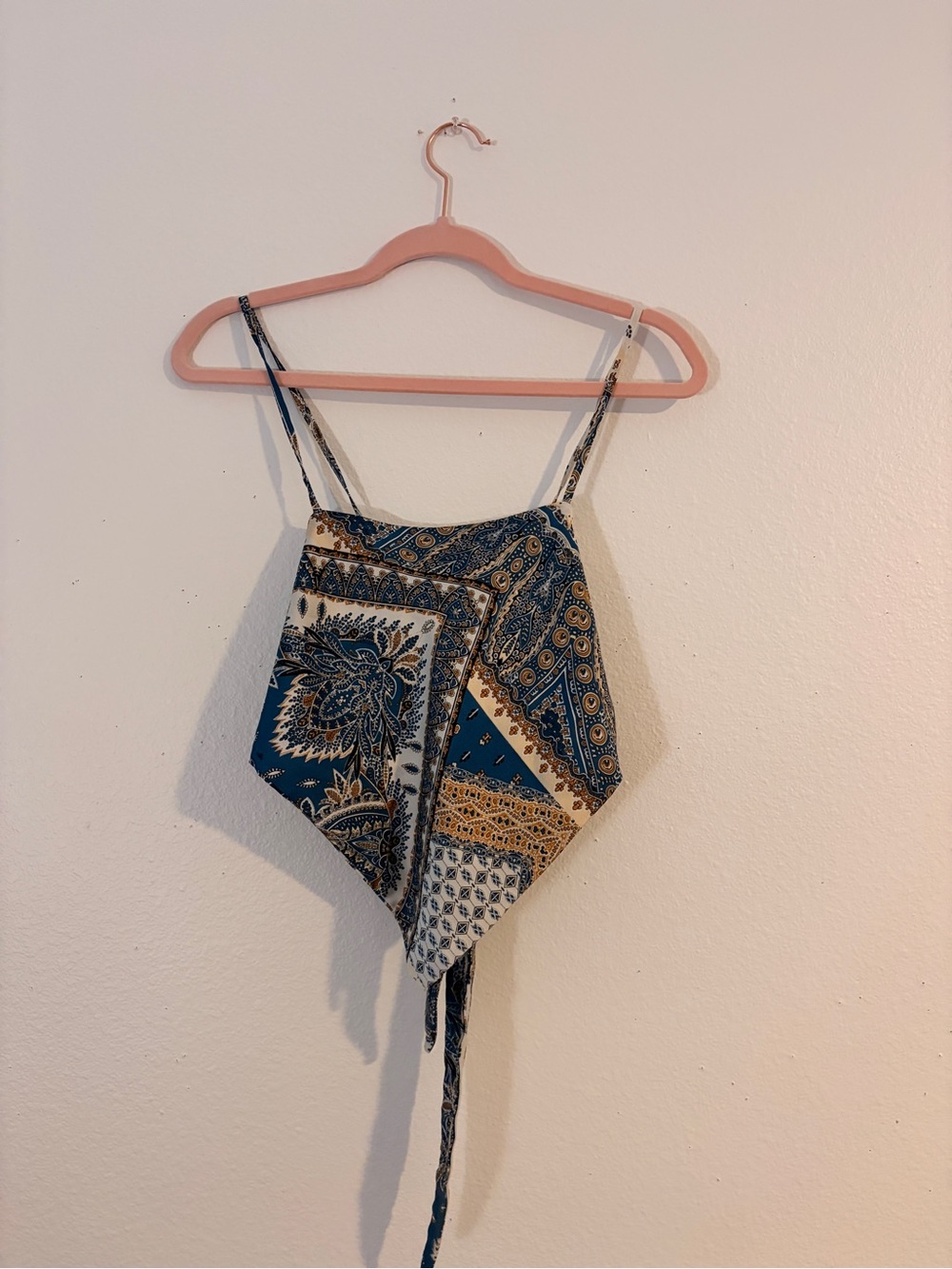 SHEIN Blue and Cream Paisley Tie-Front Handkerchief Cami